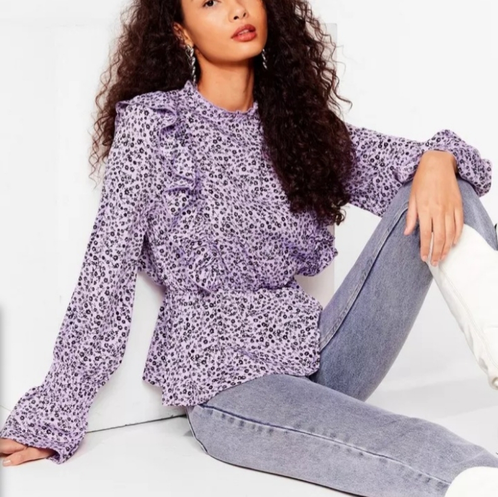 Influence Feminine ruffle blouse. Size 14. Lavender with black floral print